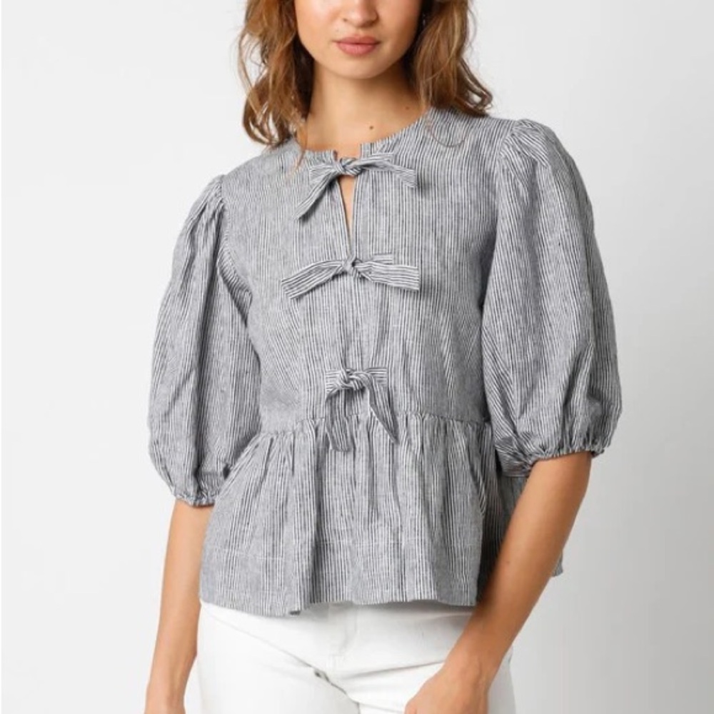 Linen Blue and White Striped Tie-Front Peplum Top